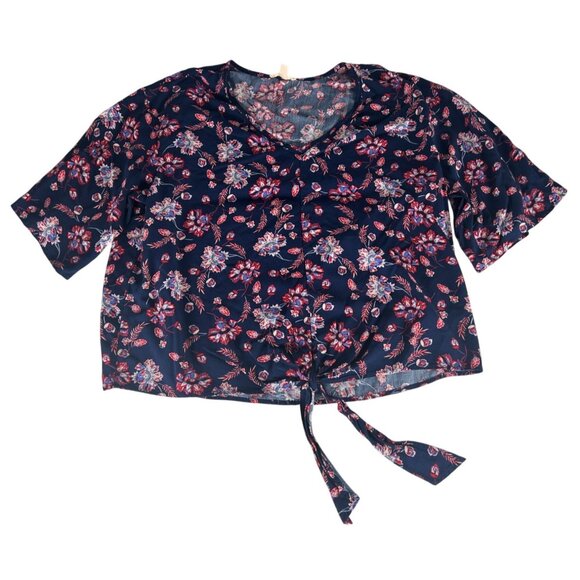 Como Vintage Floral Tie Front Blouse Women XL Blue Red V-Neck Short Sleeve Boxy - Picture 1 of 5